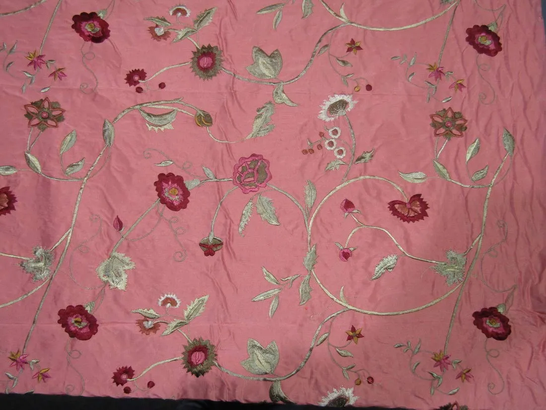 100% SILK DUPION CORAL FLORAL EMBROIDERY 54" wide [9669]
