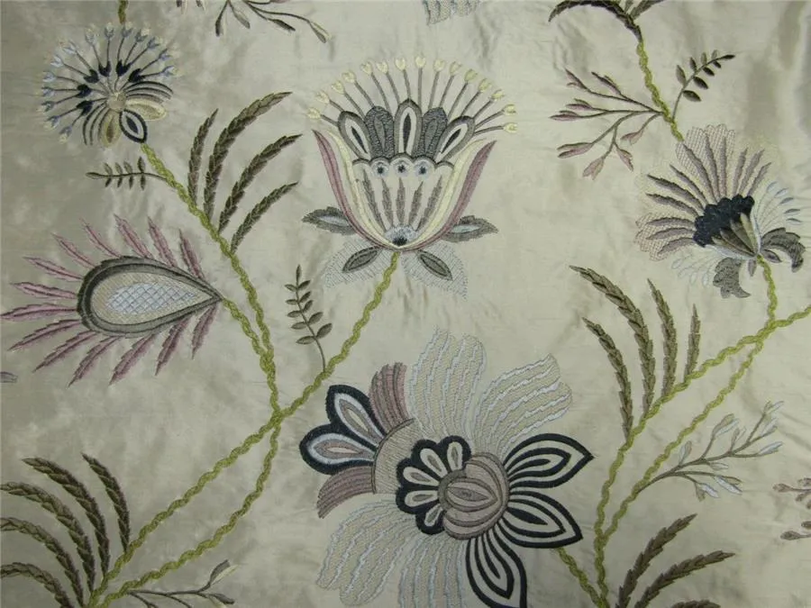 100% Silk Dupion Fabric Embroidery cream/green/blue/mauve color 54&quot;DUP# E56[2]