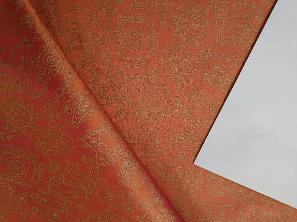 100% silk Dupion fabric ORANGE with gold print 40" wide 27mm DUPPRT40[3]