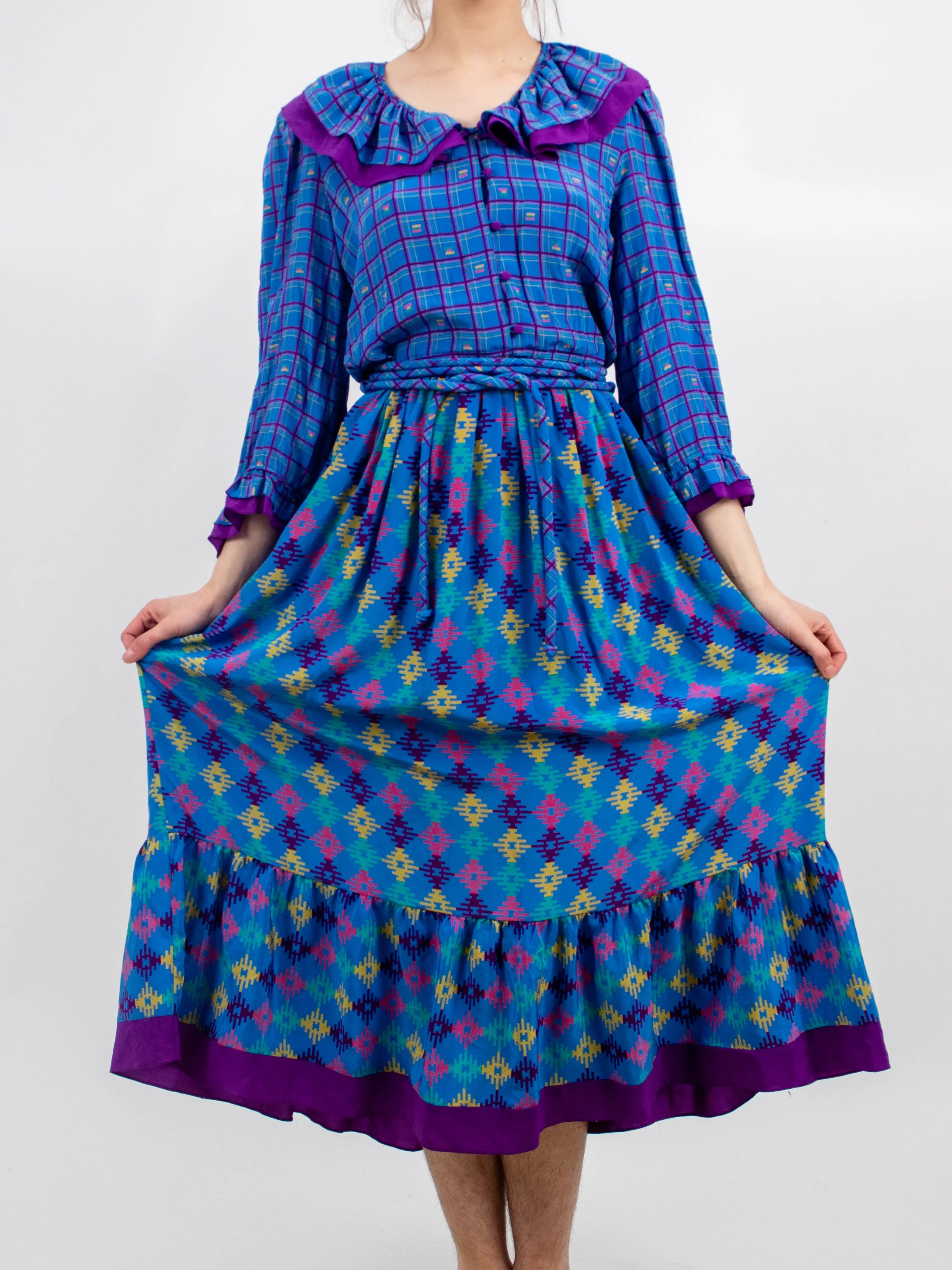 1980s Funky Miss Frizzle Style Vibrant Plaid Silk Blue and Purple Dress