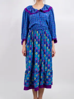 1980s Funky Miss Frizzle Style Vibrant Plaid Silk Blue and Purple Dress