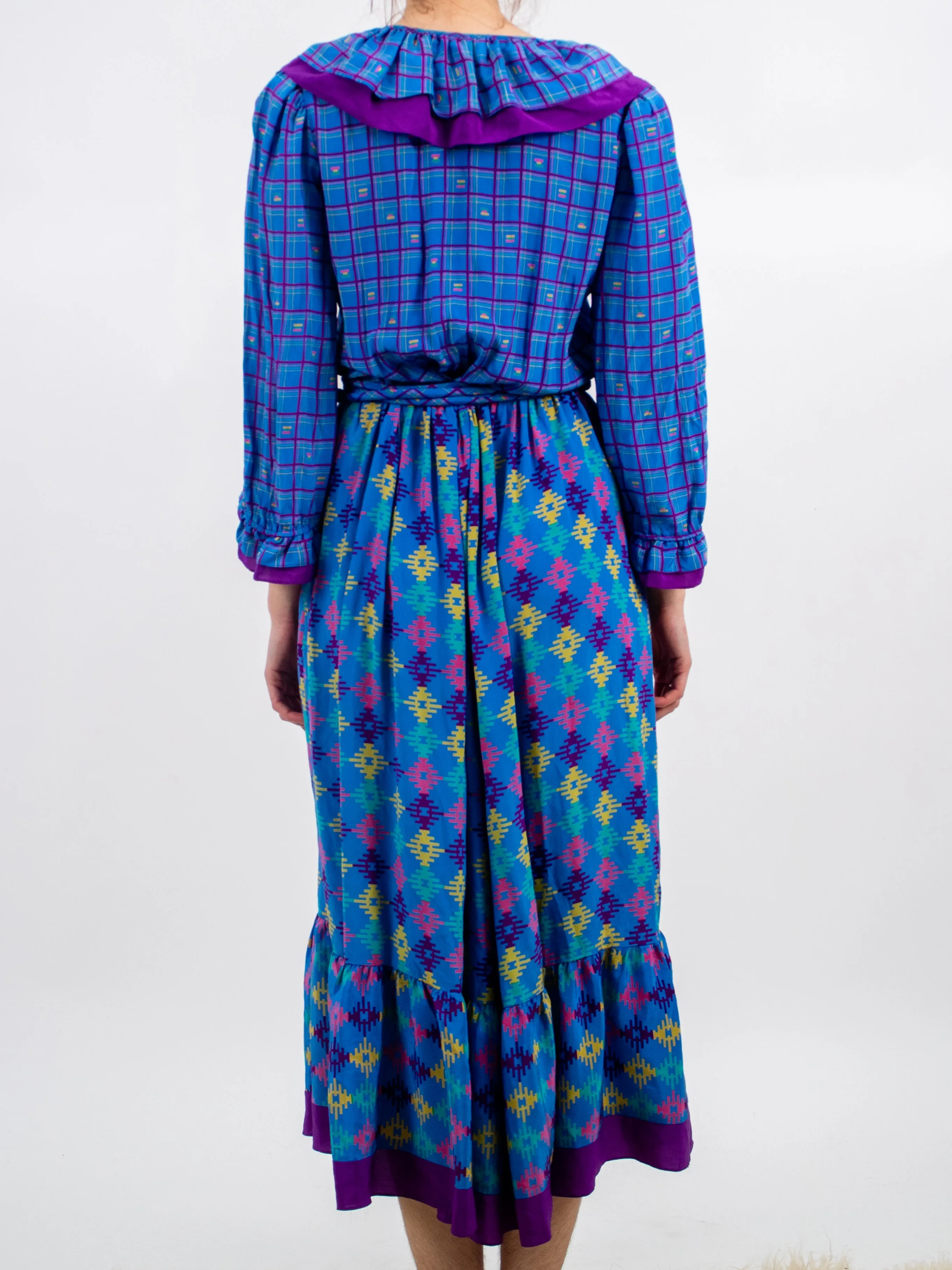 1980s Funky Miss Frizzle Style Vibrant Plaid Silk Blue and Purple Dress