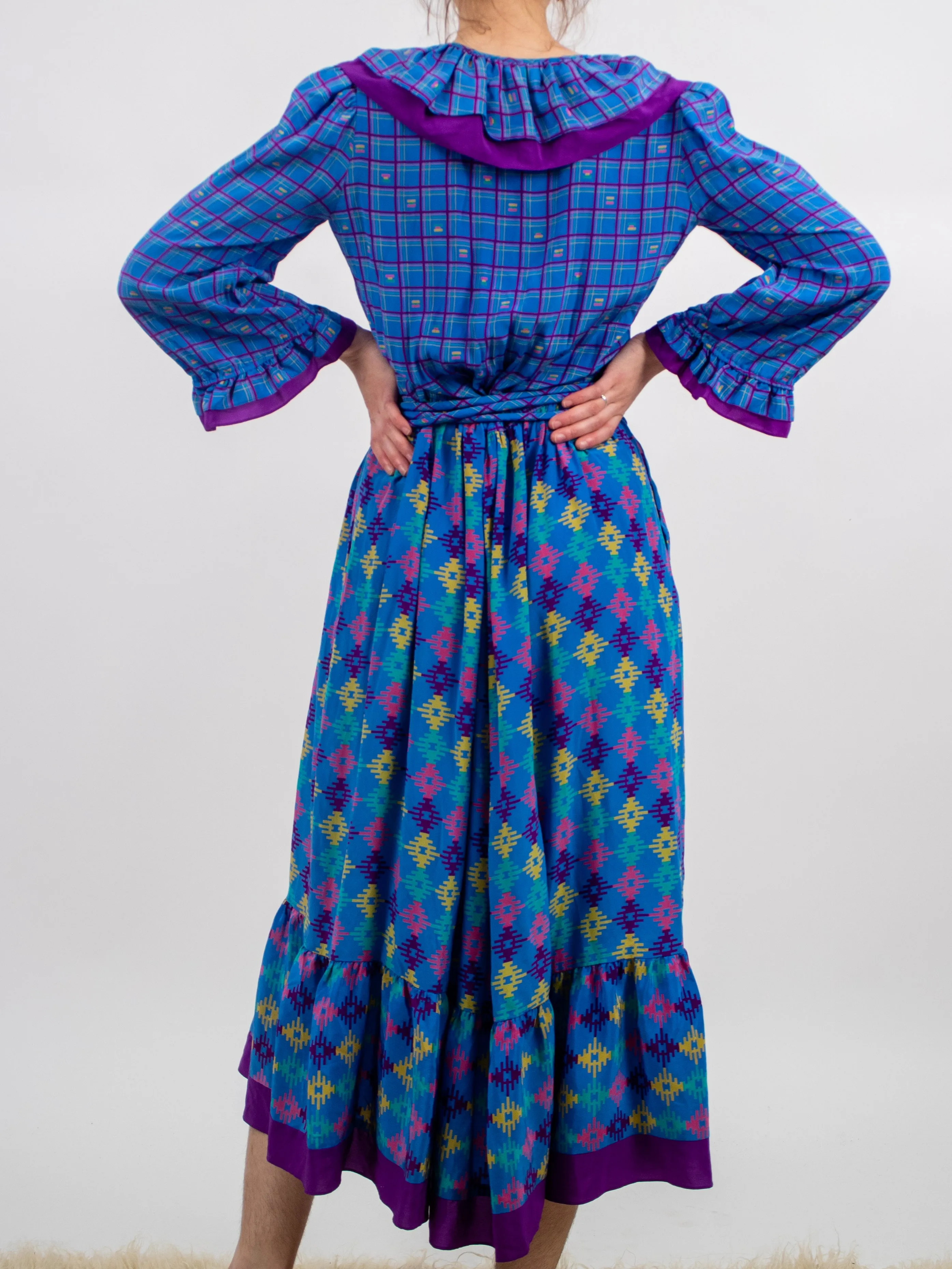 1980s Funky Miss Frizzle Style Vibrant Plaid Silk Blue and Purple Dress