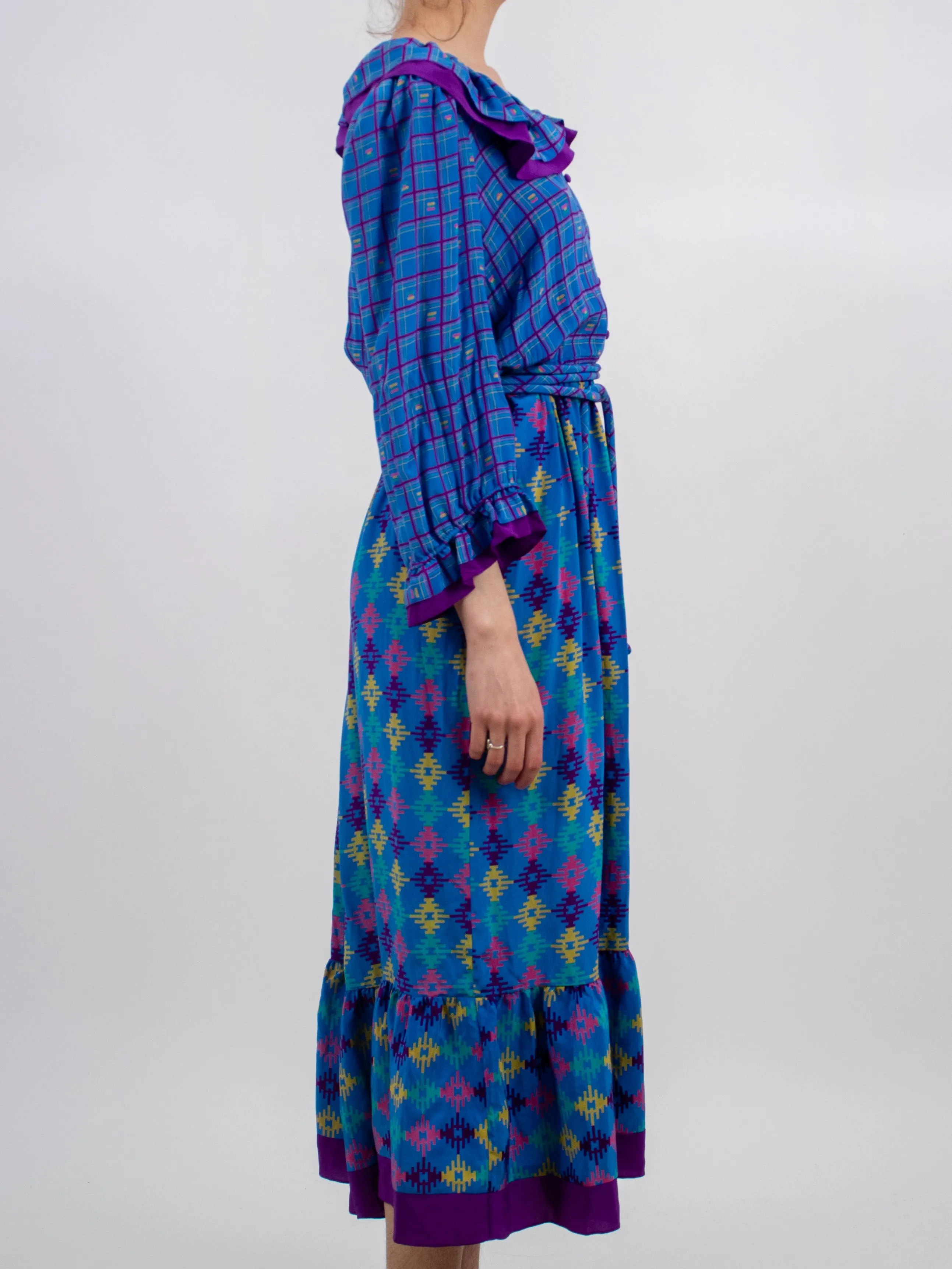 1980s Funky Miss Frizzle Style Vibrant Plaid Silk Blue and Purple Dress