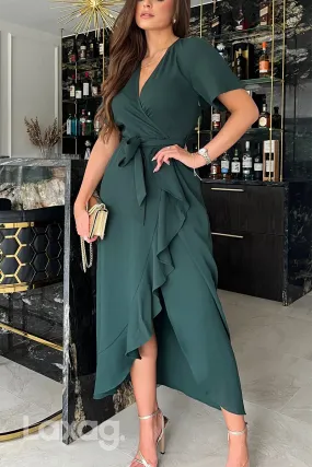 22670 - A-Line V-Neck Short Sleeves Belt Sleek Satin Mother of the Bride Dress
