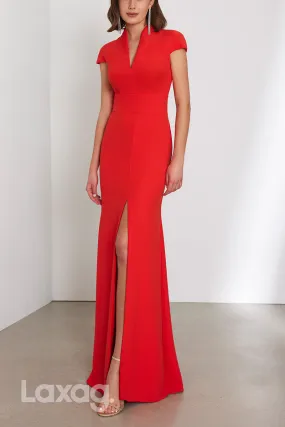 22970 - V-Neck Short Sleeves Open Back Cocktail Party Formal Evening Dress with Slit