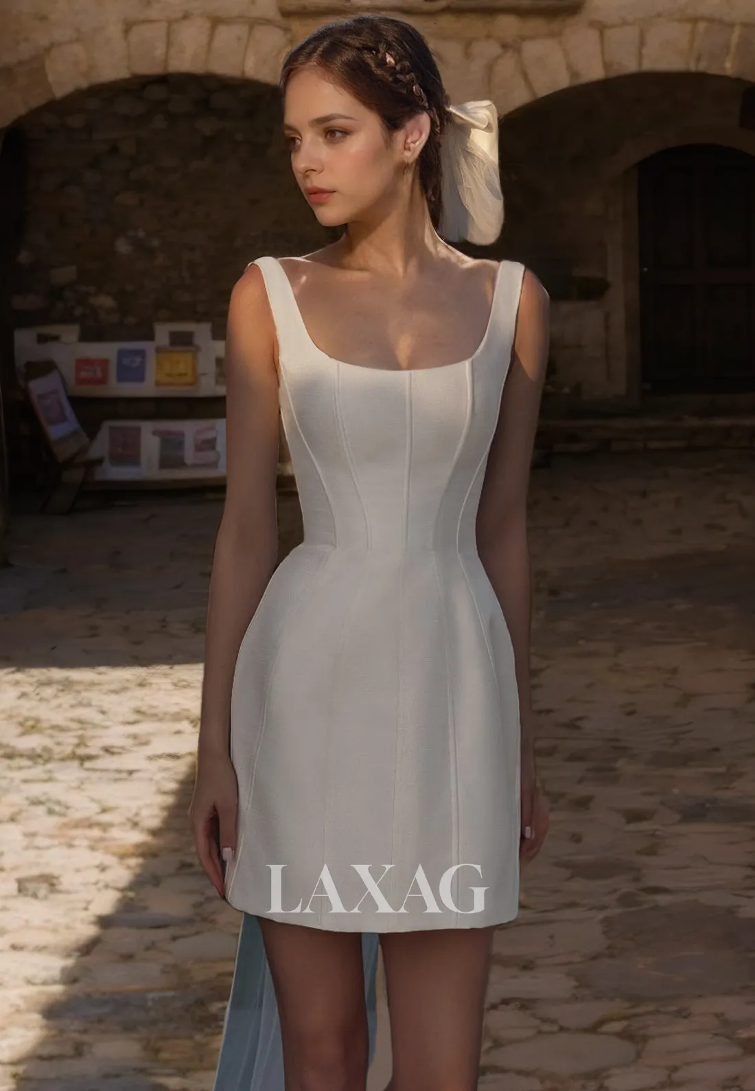 A-Line Square Sleeveless Sleek Satin Elegant Wedding Dress