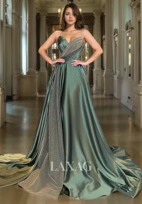 A-Line Strapless Beaded Tulle Sleek Pleated Satin Party Prom Formal Evening with Train