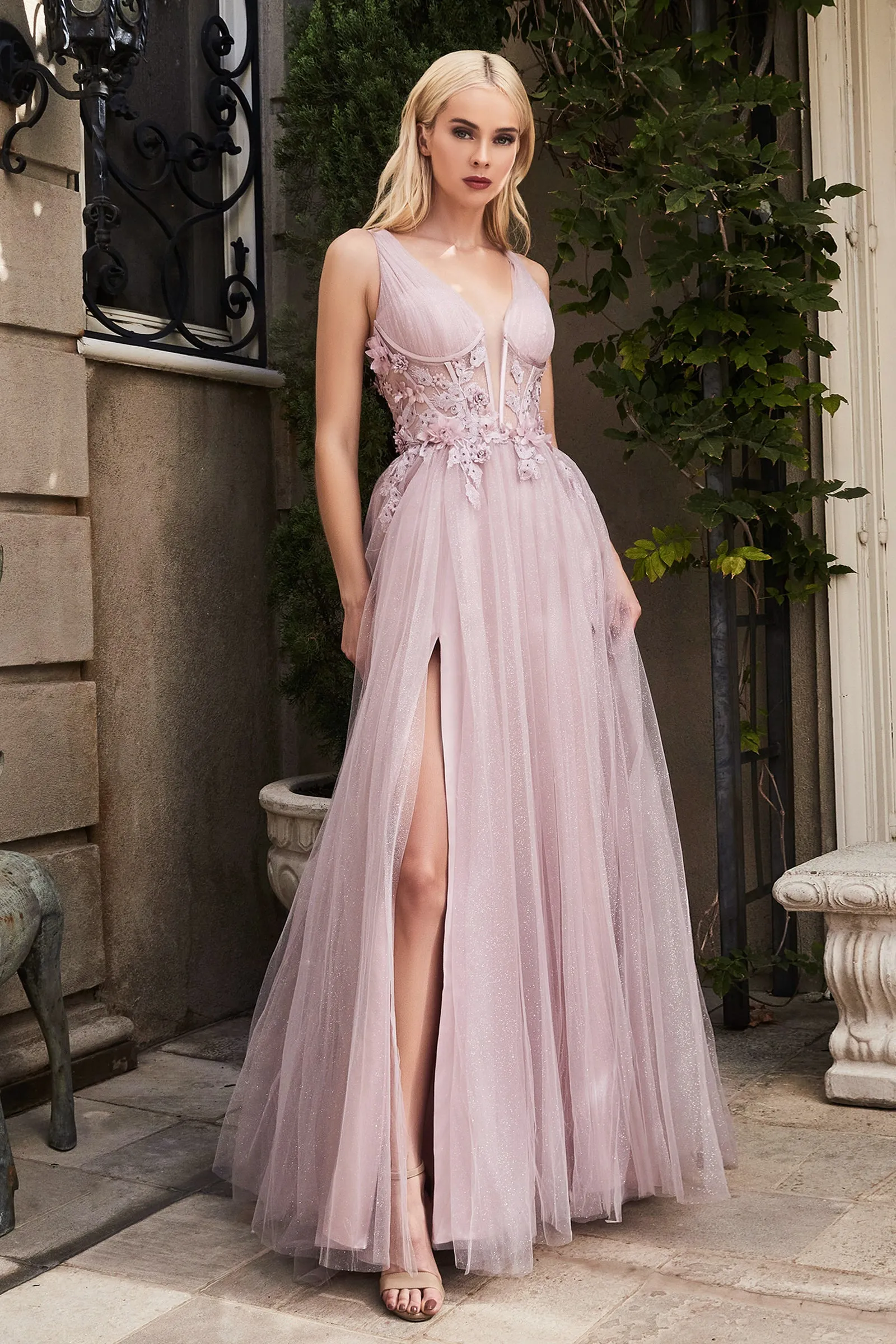 ANDREA & LEO A1057 Floral Plung Bodice V Neck Tulle A Line Dress