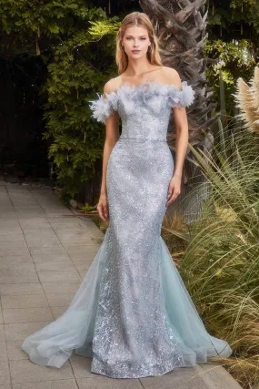 ANDREA & LEO A1179 Glitter Feather Off Shoulder Mermaid Dress
