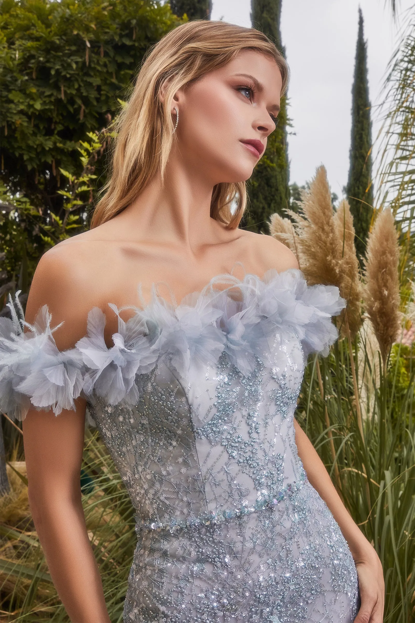 ANDREA & LEO A1179 Glitter Feather Off Shoulder Mermaid Dress