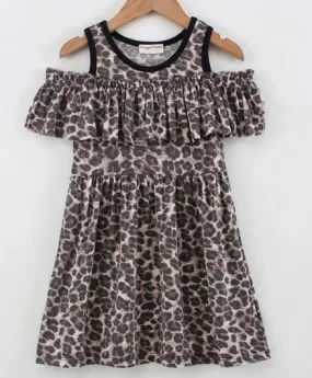 Animal Print Cold Shoulder Frill Dress