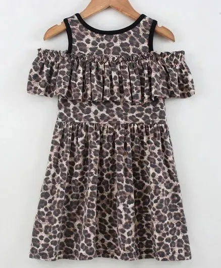 Animal Print Cold Shoulder Frill Dress