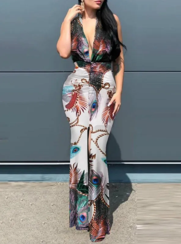 BerryBetty - Black Plunge Sunflower Print Slit Maxi Dress