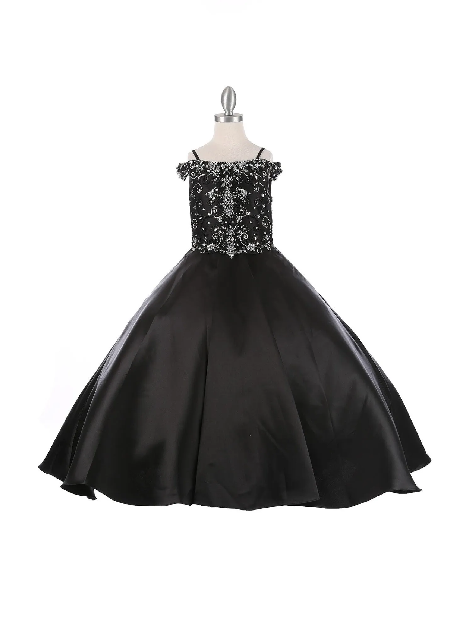 Big Girls Black Rhinestone Crepe Satin Off Shoulder Ball Gown 8-16