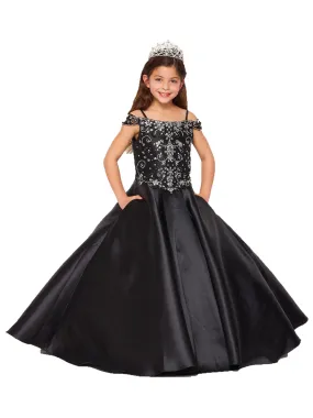 Big Girls Black Rhinestone Crepe Satin Off Shoulder Ball Gown 8-16