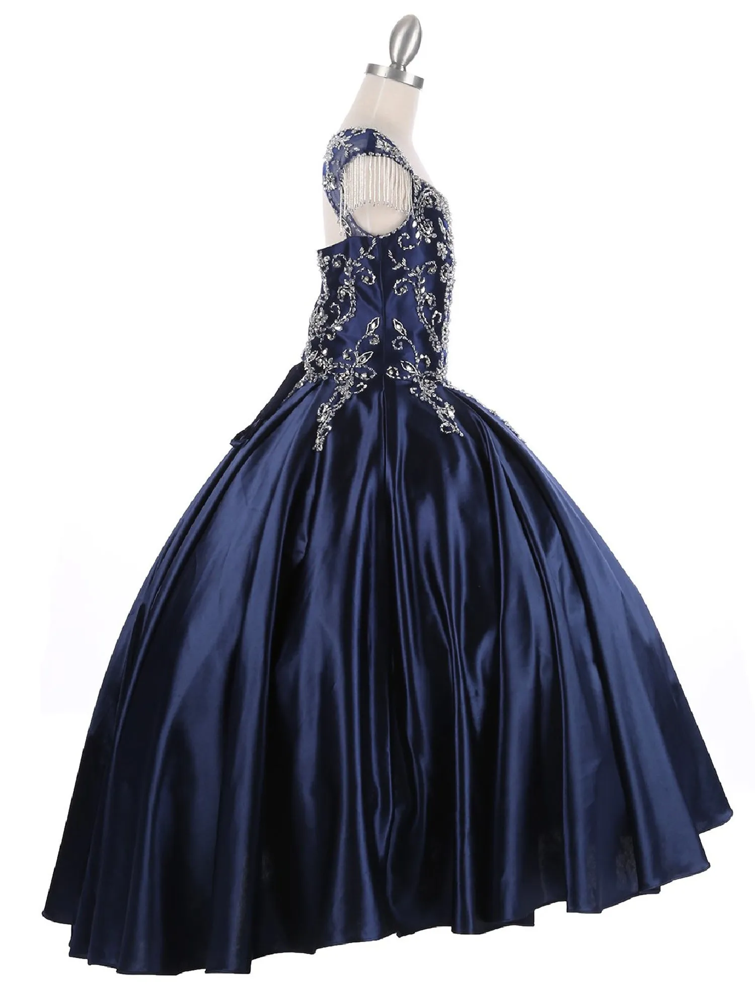 Big Girls Navy Cap Shoulder Rhinestone Beaded Fringe Ball Gown 8-16
