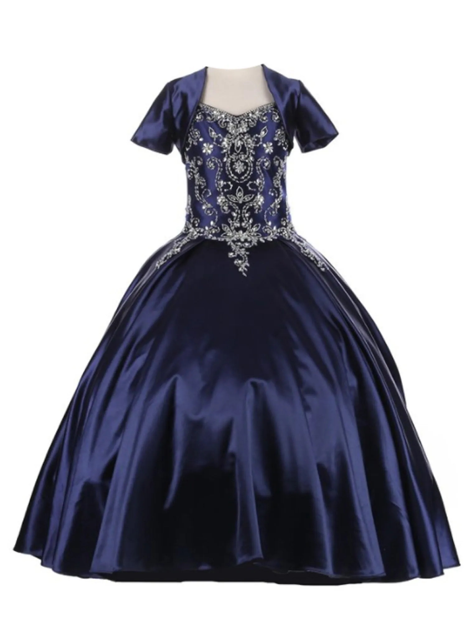 Big Girls Navy Cap Shoulder Rhinestone Beaded Fringe Ball Gown 8-16