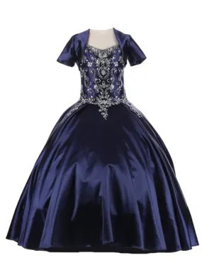 Big Girls Navy Cap Shoulder Rhinestone Beaded Fringe Ball Gown 8-16