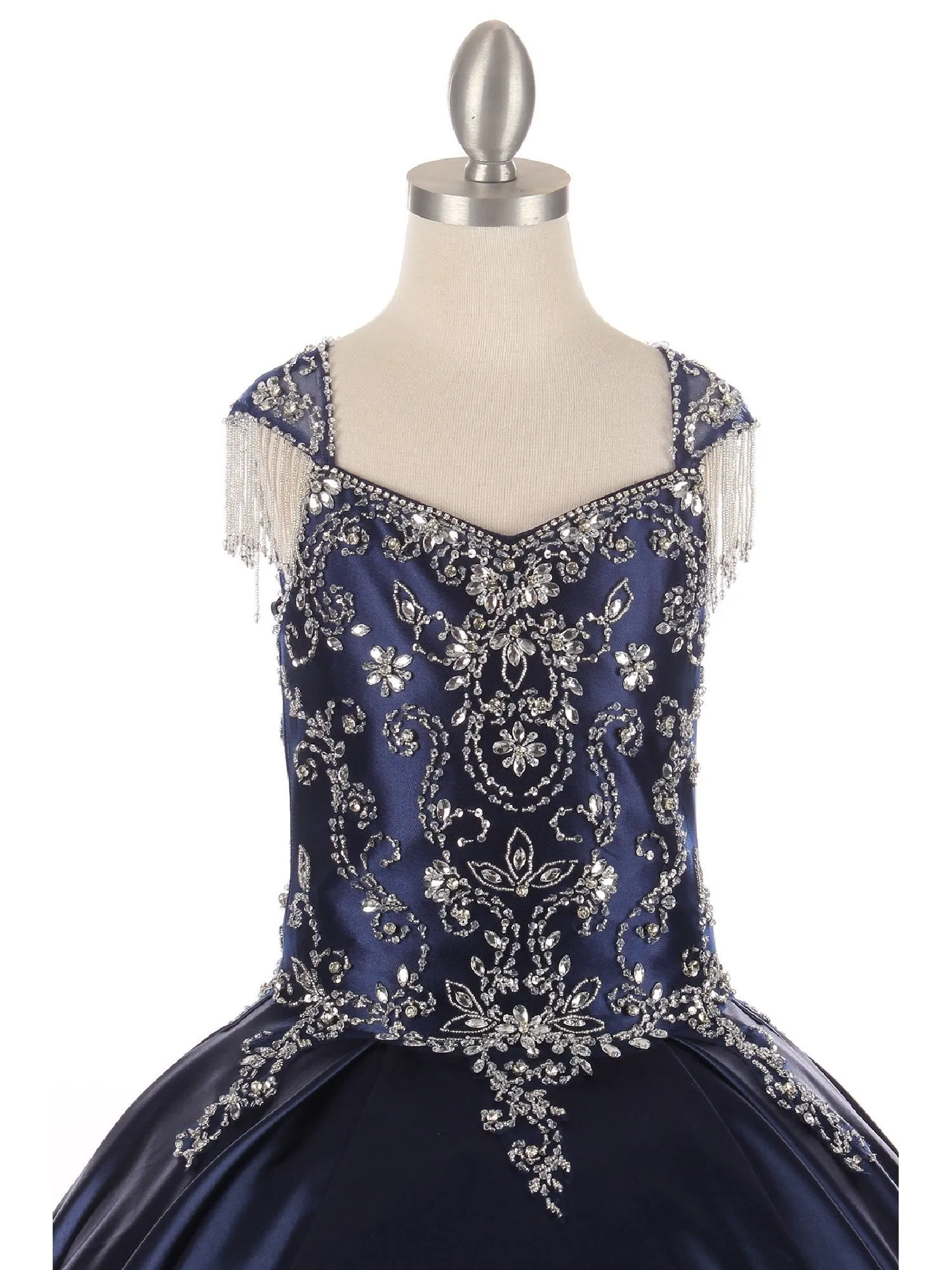 Big Girls Navy Cap Shoulder Rhinestone Beaded Fringe Ball Gown 8-16