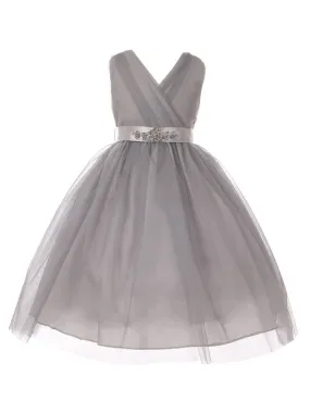 Big Girls Silver Rhinestone Satin Sash V-Neck Tulle Junior Bridesmaid Dress 8-14