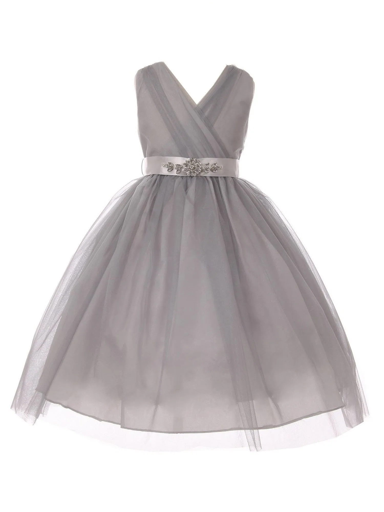 Big Girls Silver Rhinestone Satin Sash V-Neck Tulle Junior Bridesmaid Dress 8-14