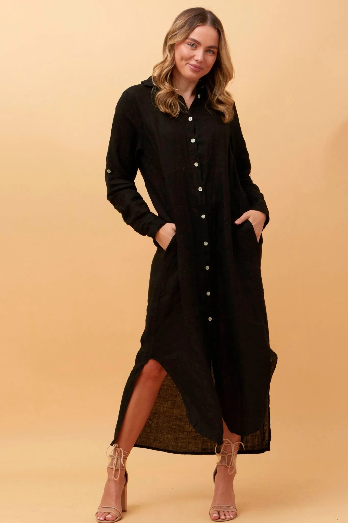 BUTTON THROUGH LINEN SHIRT DRESS WITH POCKETS BLACK