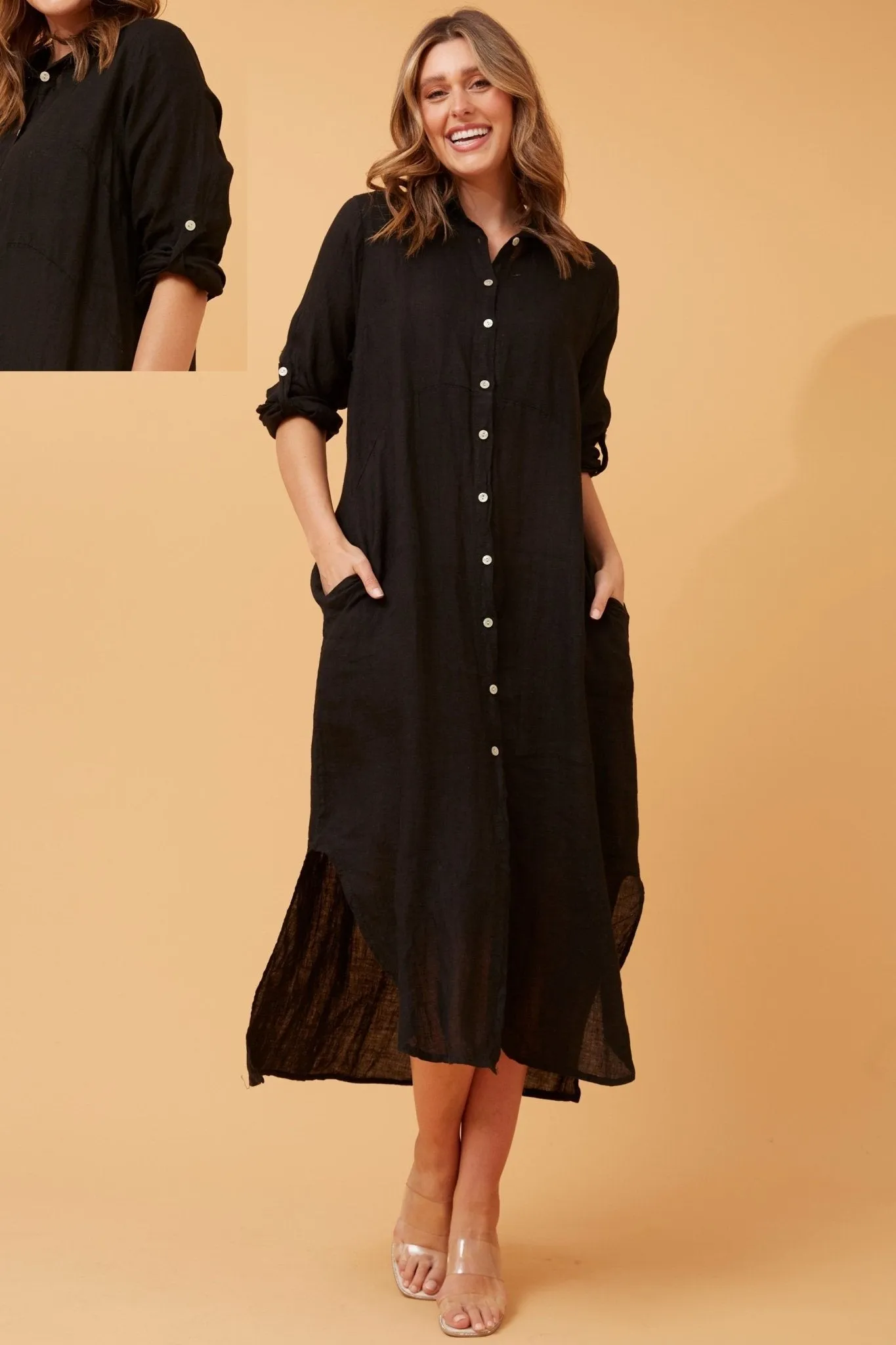 BUTTON THROUGH LINEN SHIRT DRESS WITH POCKETS BLACK