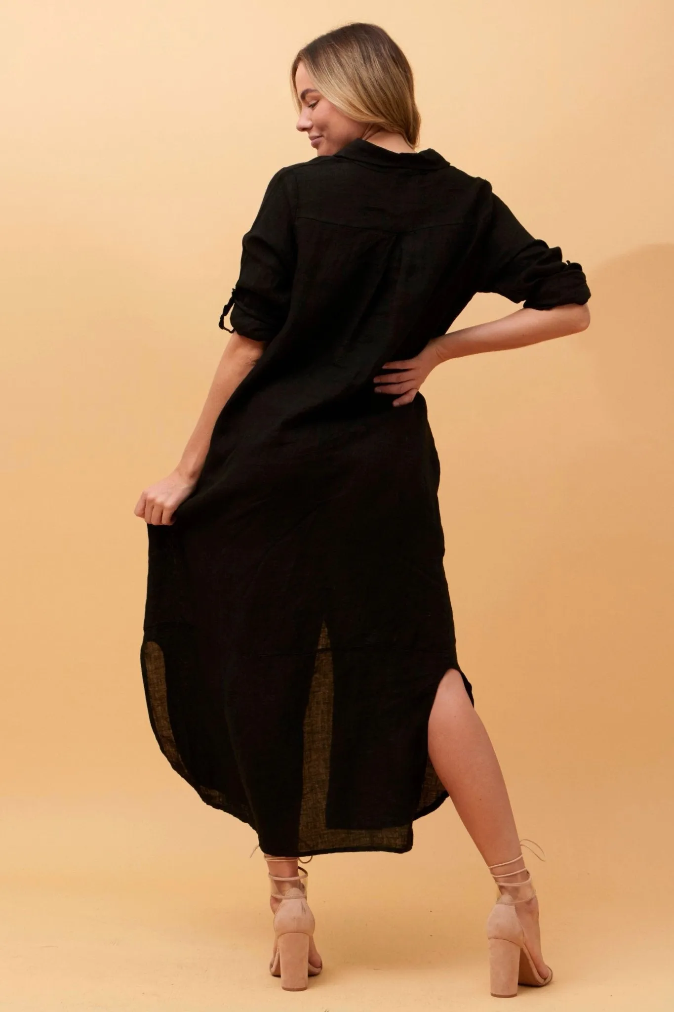 BUTTON THROUGH LINEN SHIRT DRESS WITH POCKETS BLACK