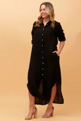BUTTON THROUGH LINEN SHIRT DRESS WITH POCKETS BLACK