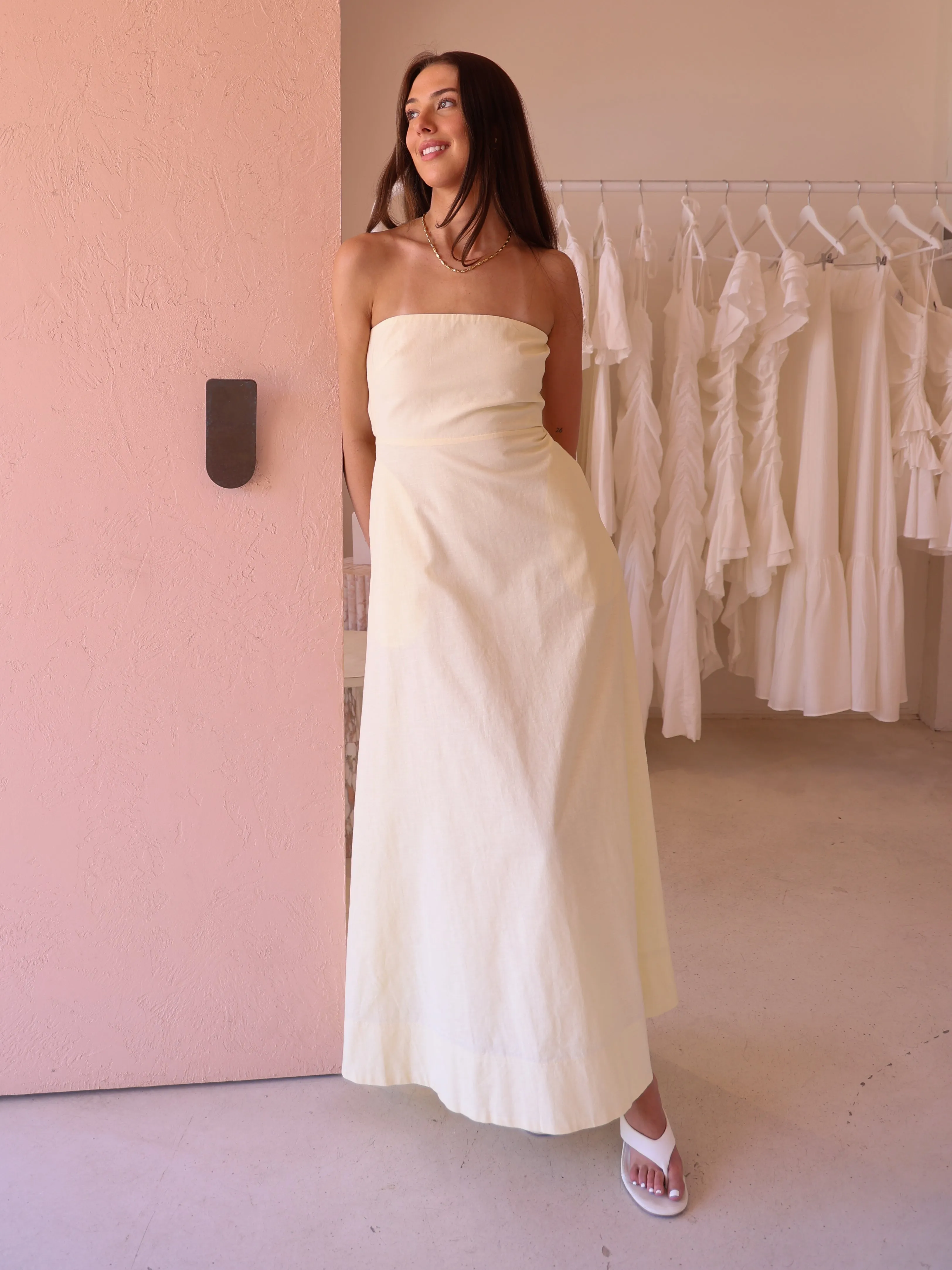By Nicola Wavy Strapless Maxi Dress in Lemon