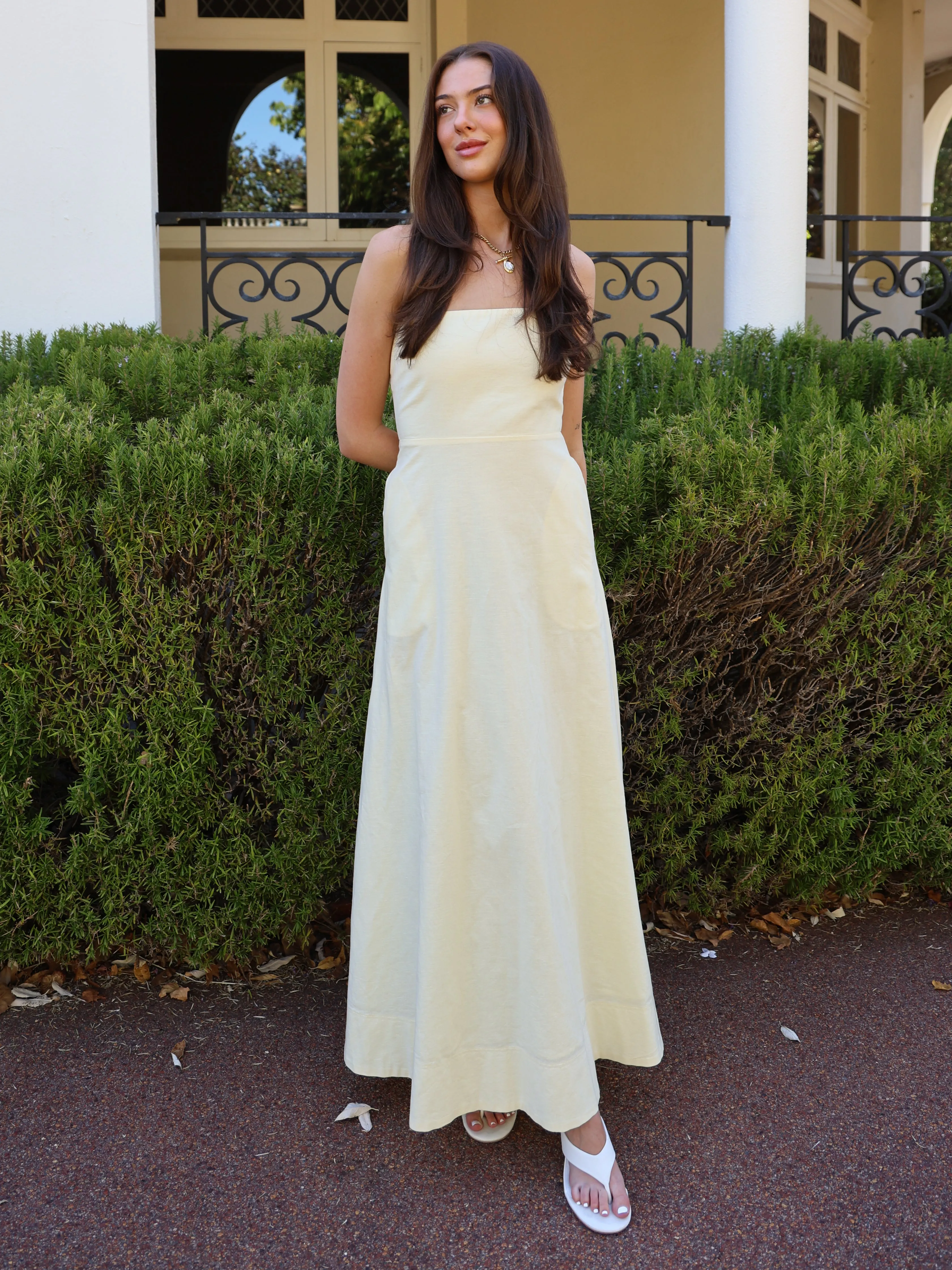 By Nicola Wavy Strapless Maxi Dress in Lemon