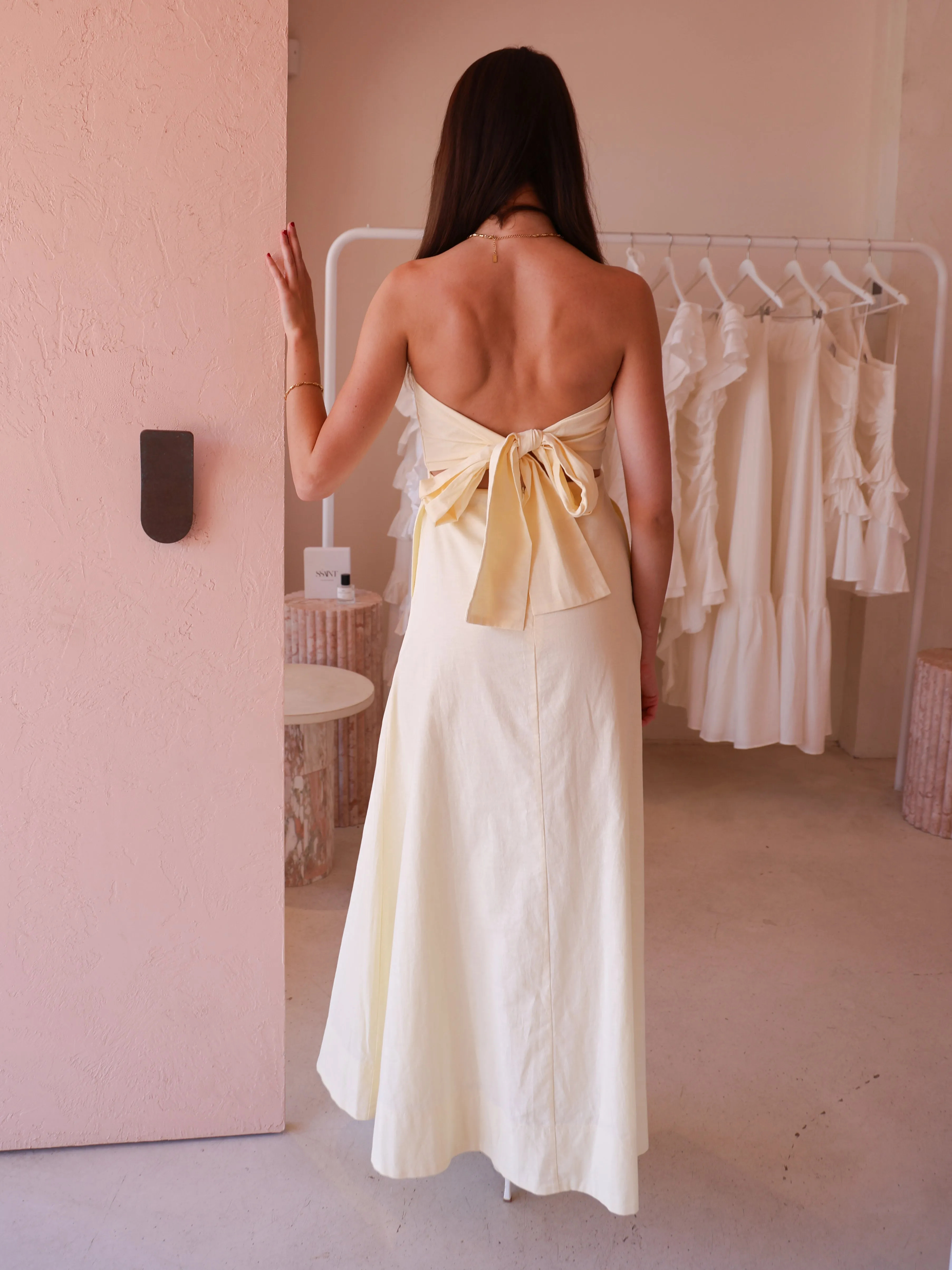 By Nicola Wavy Strapless Maxi Dress in Lemon