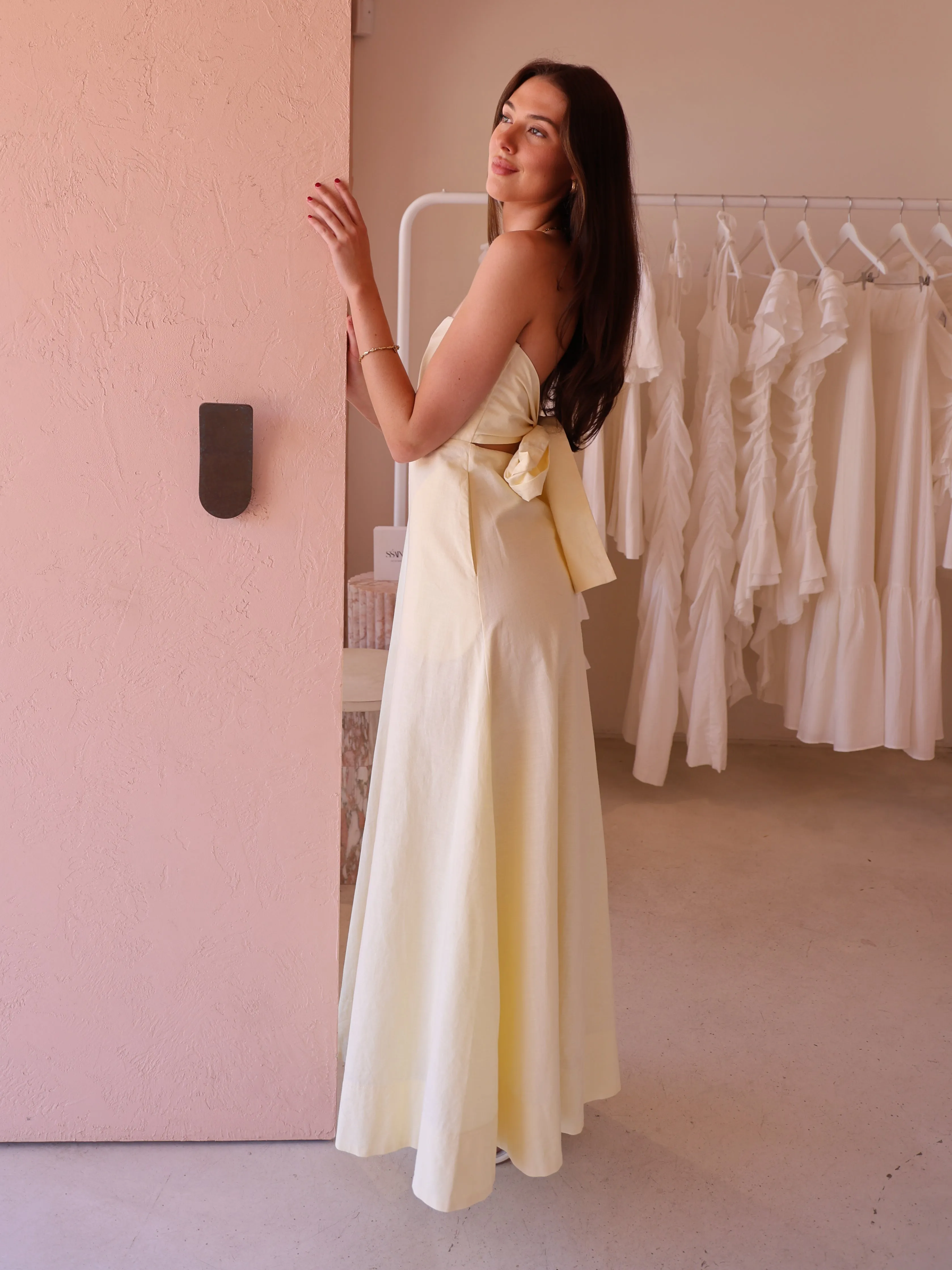 By Nicola Wavy Strapless Maxi Dress in Lemon