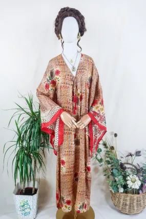 Cassandra Maxi Kaftan - Cedar Brown & Red Floral - Vintage Sari - Size S/M