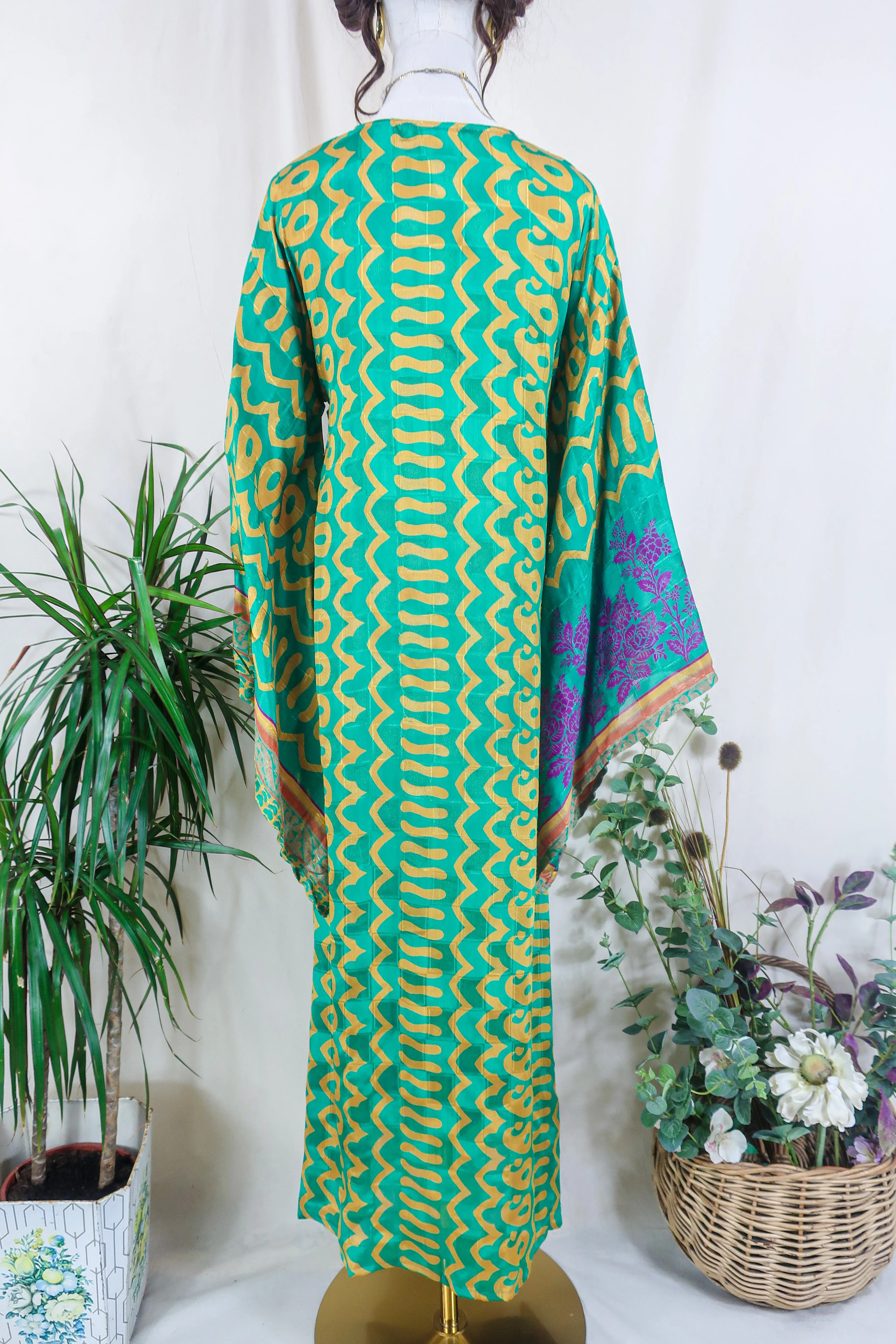 Cassandra Maxi Kaftan - Emerald & Amber Paisley - Vintage Sari - Size S/M