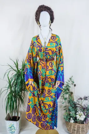 Cassandra Maxi Kaftan - Golden Yellow, Purple & Mint Green Swirls - Vintage Sari - Size M/L
