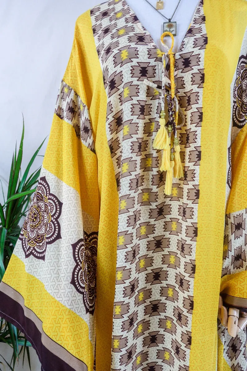 Cassandra Maxi Kaftan - Limoncello and Chocolate Ikat  - Vintage Sari - Size L/XL