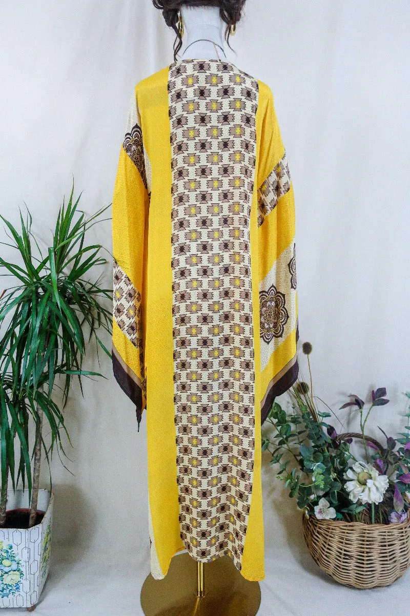 Cassandra Maxi Kaftan - Limoncello and Chocolate Ikat  - Vintage Sari - Size L/XL