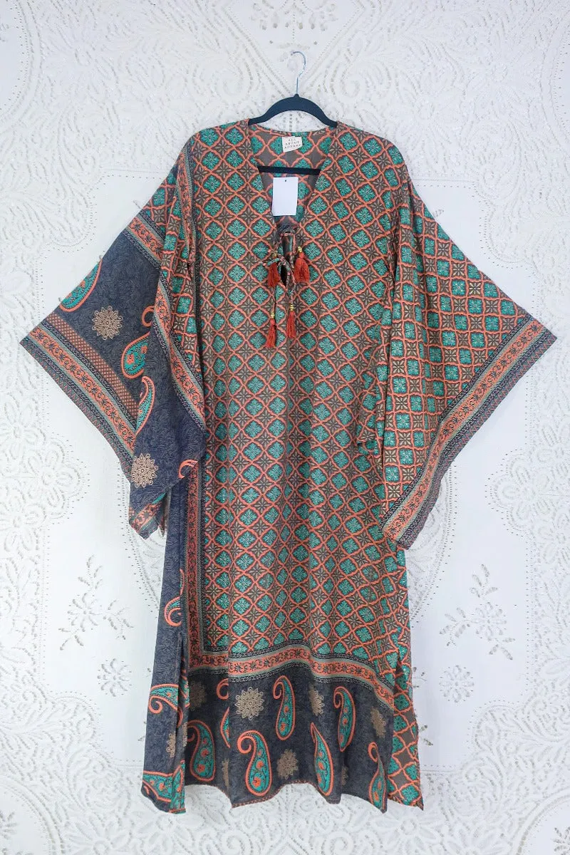 Cassandra Maxi Kaftan - Terracotta, Taupe & Turquoise Tile Print - Vintage Sari - Size S/M