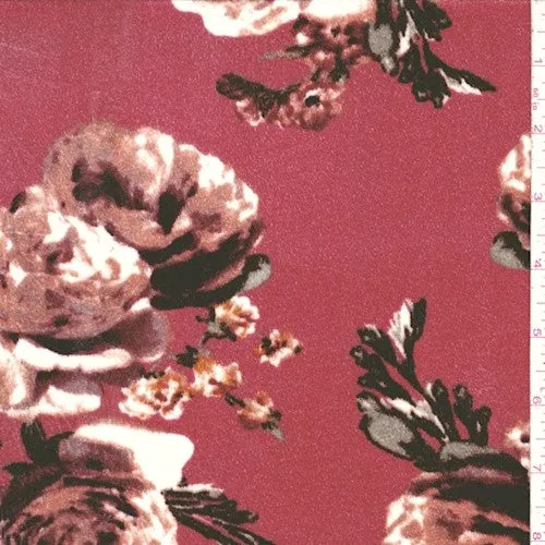 Cherry Pink/Multi Floral Printed Stretch Velvet Knit Fabric