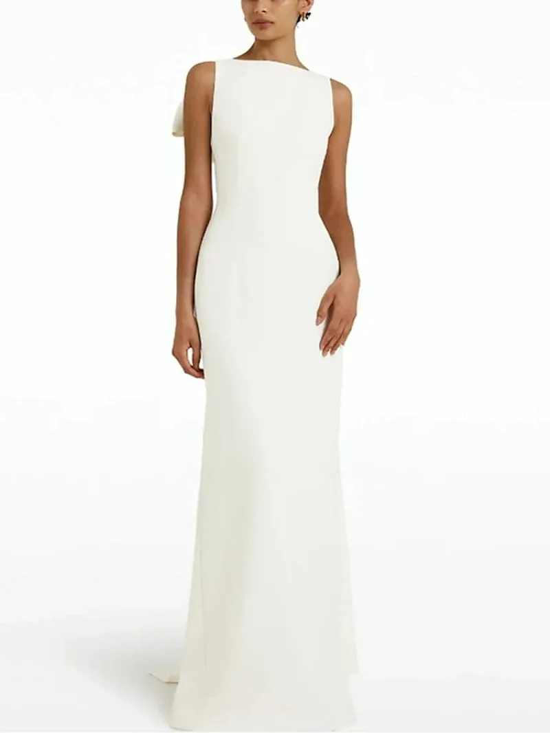 Chic Bow-Accented Sheath Gown for Elegant Beach Weddings and Formal Events