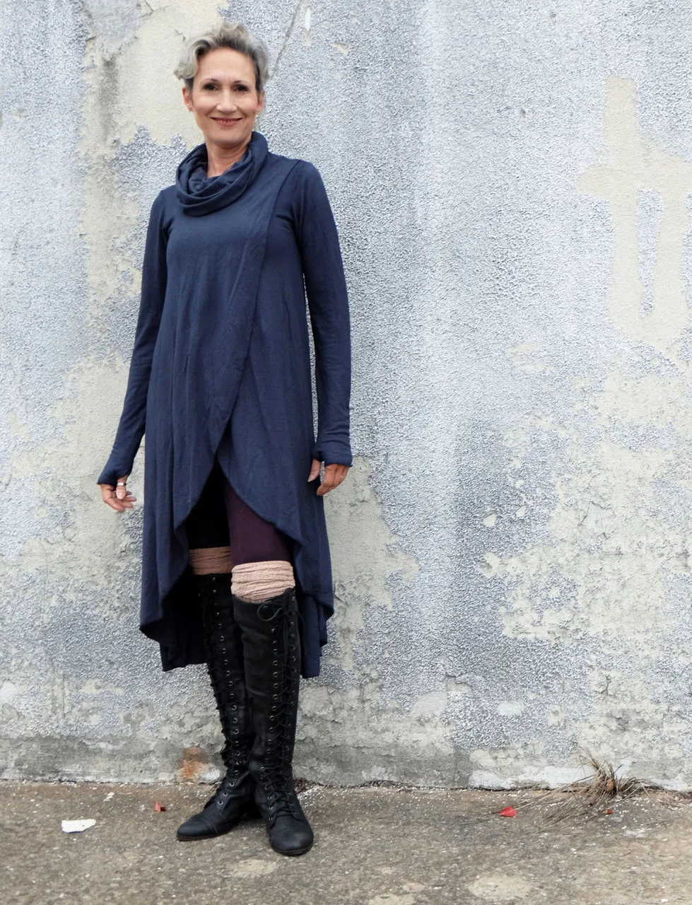 Chunky Cowl Petal Front Below Knee Dress
