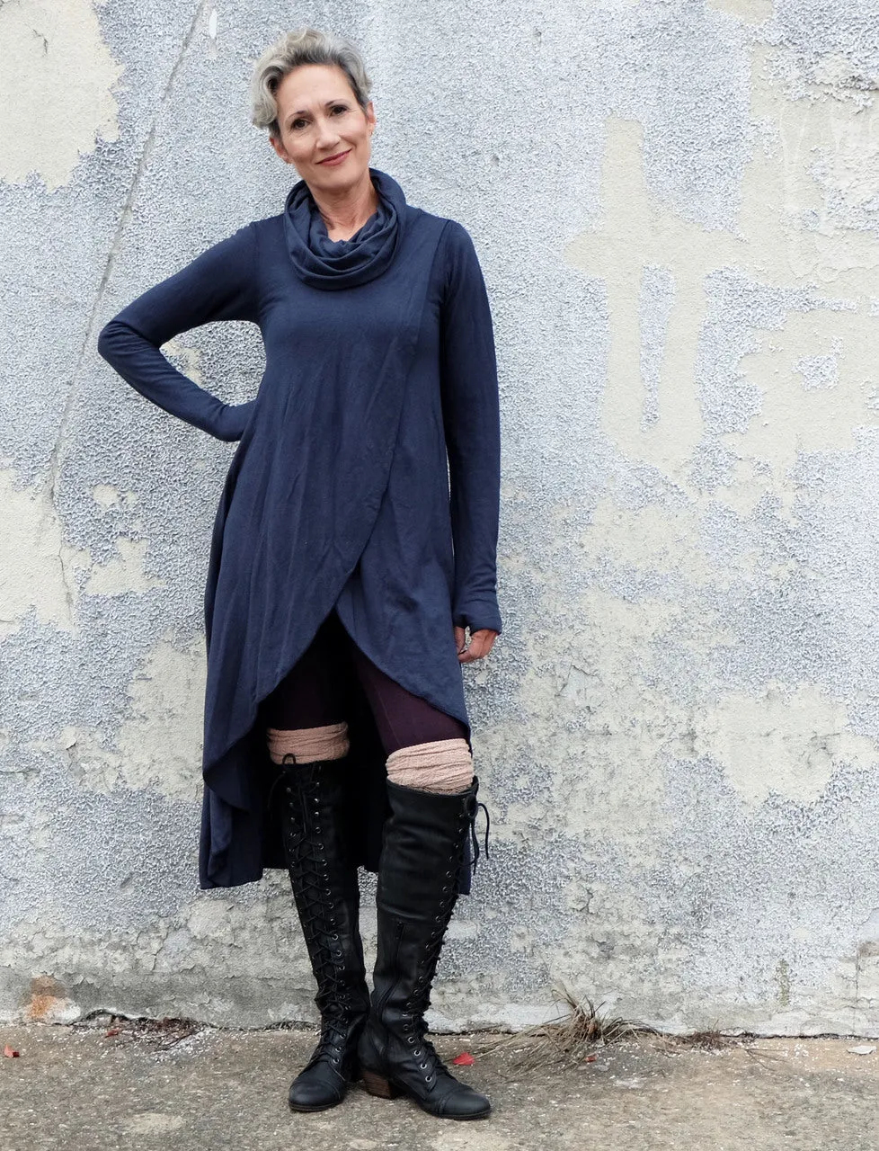 Chunky Cowl Petal Front Below Knee Dress