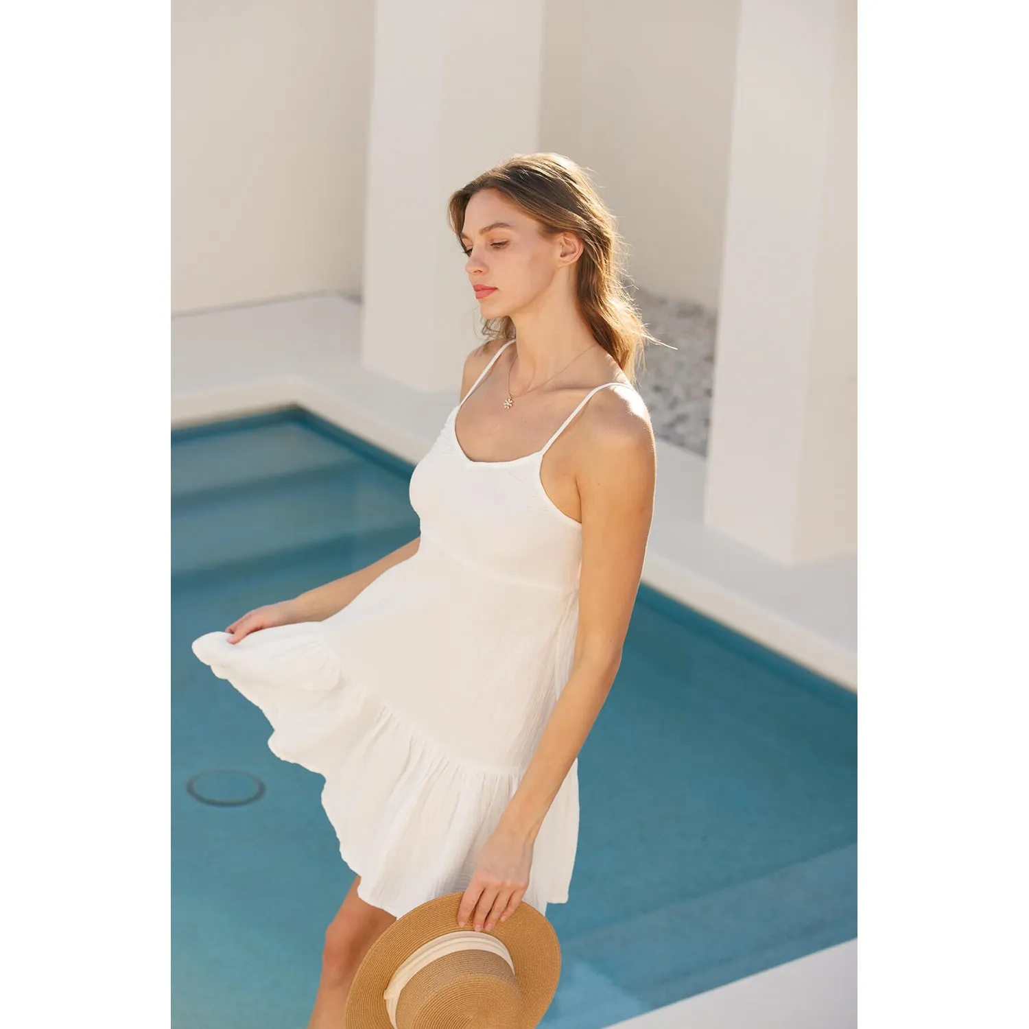 Crinkle Gauze Tiered Mini Dress - White