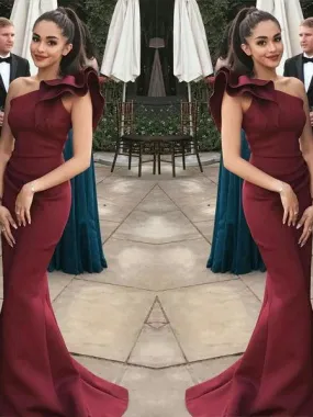 Elegant Burgundy Mermaid One Shoulder Flounced Sexy Prom Dresses