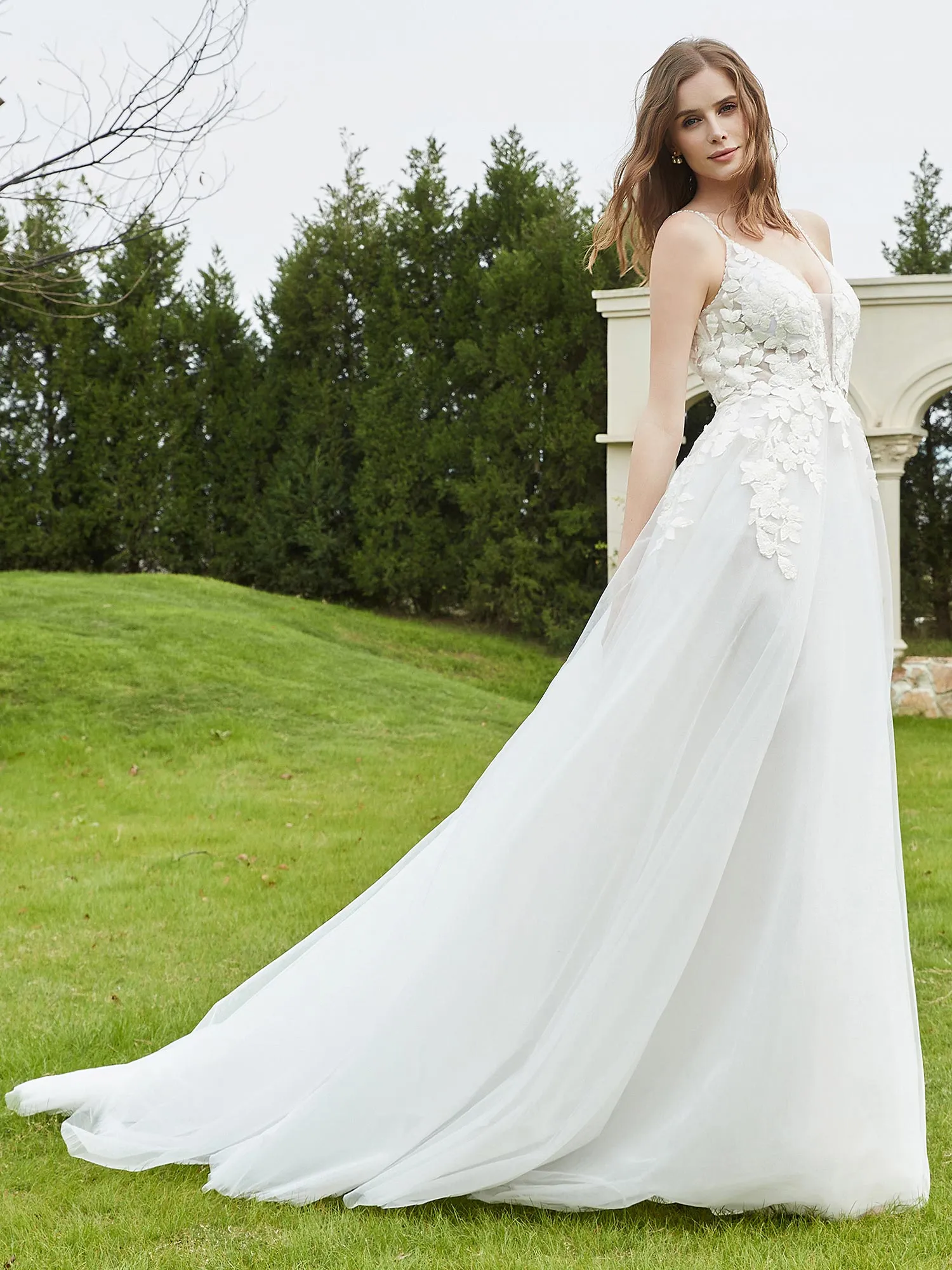 Elegant Plunging V-Neck Bridal Dress With Buttons Ivory