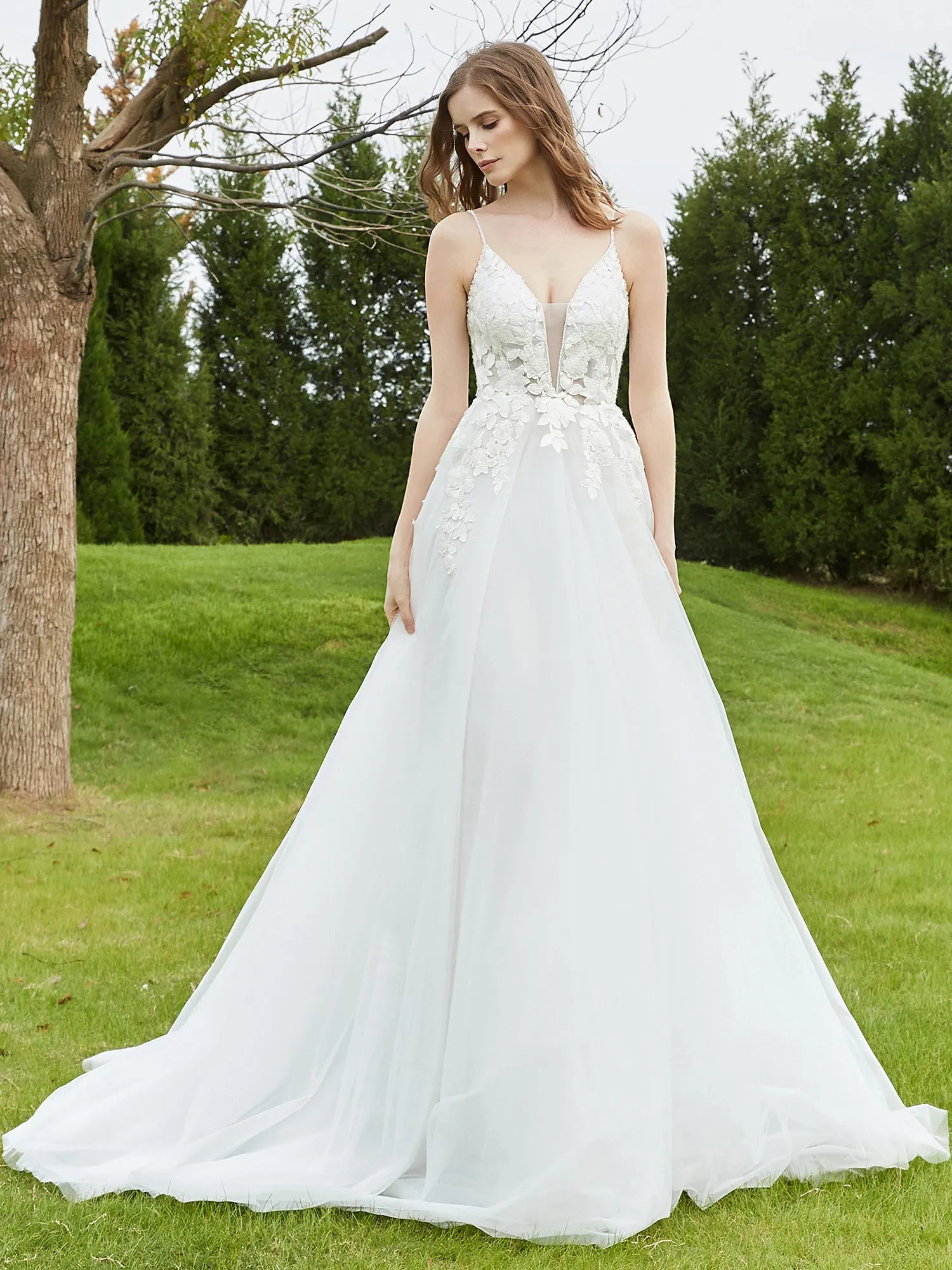 Elegant Plunging V-Neck Bridal Dress With Buttons Ivory