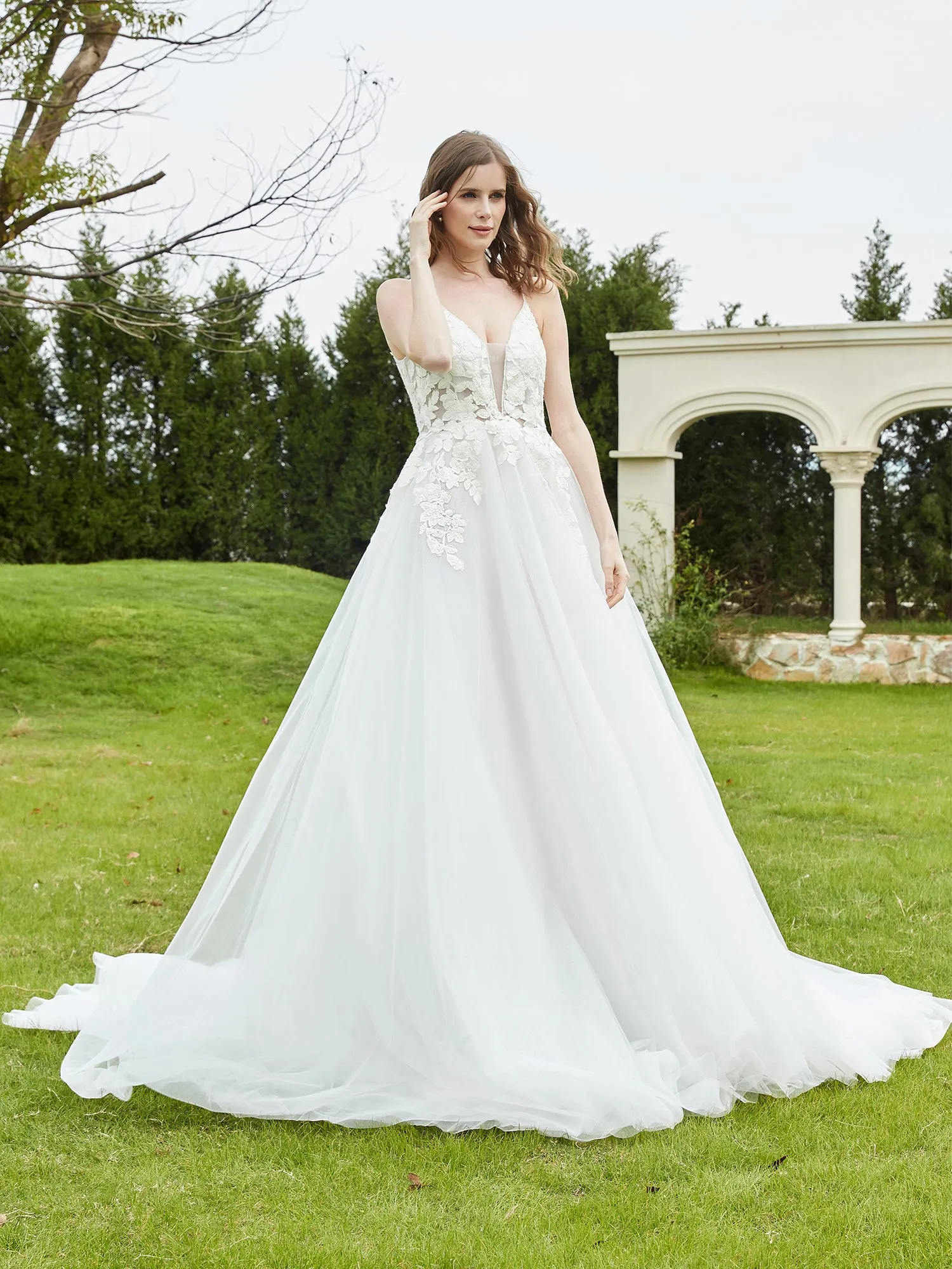 Elegant Plunging V-Neck Bridal Dress With Buttons Ivory