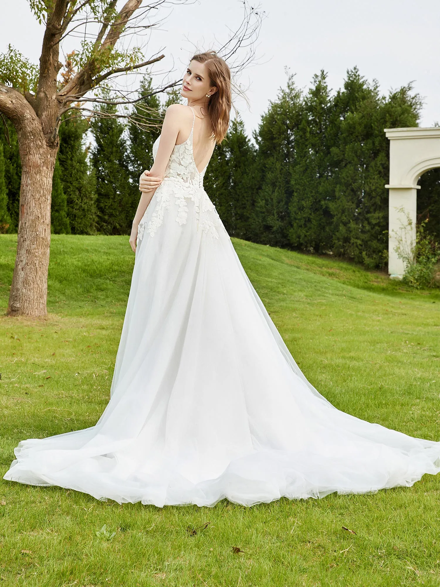 Elegant Plunging V-Neck Bridal Dress With Buttons Ivory